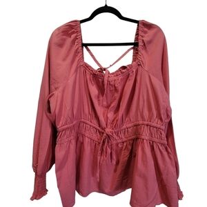 1X Ava & Viv 100% Cotton Pink Square Neck Elastic Waist Ruffled Blouse